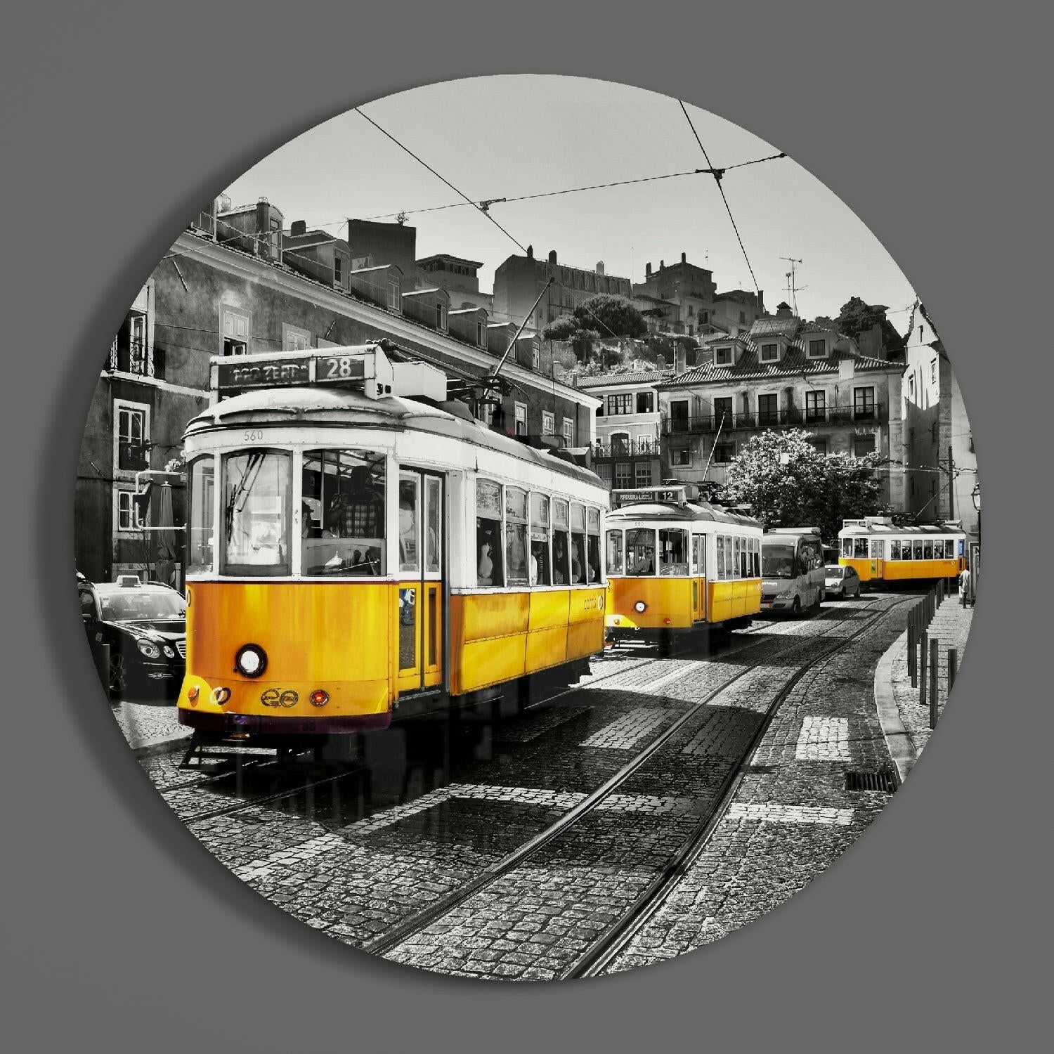 Yellow Trams Cobbled Street Glass Wall Art