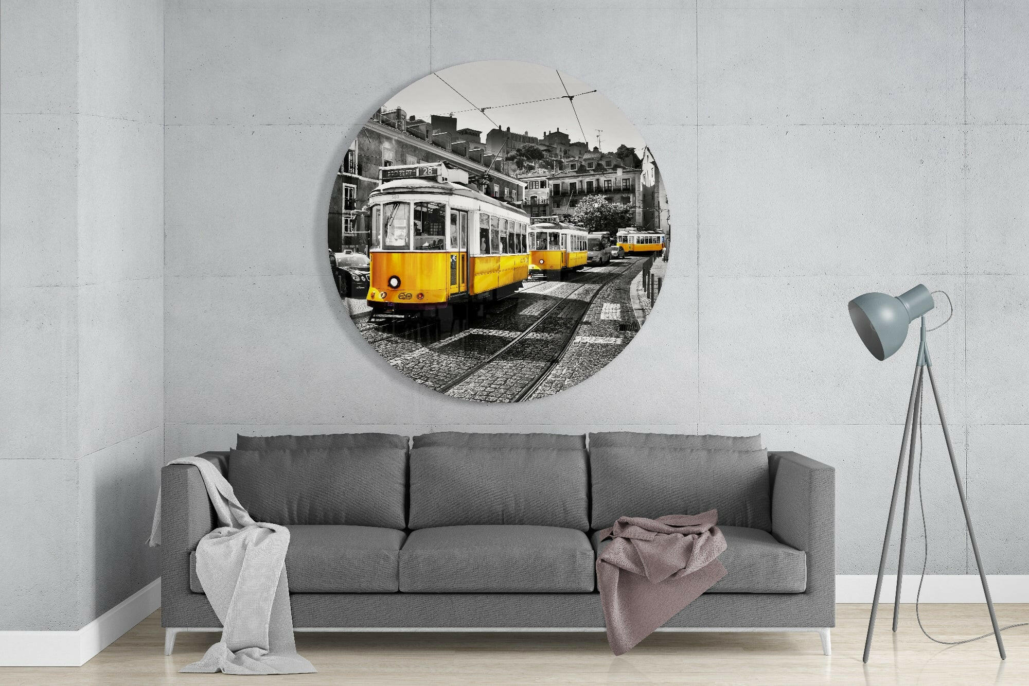 Yellow Trams Cobbled Street Glass Wall Art
