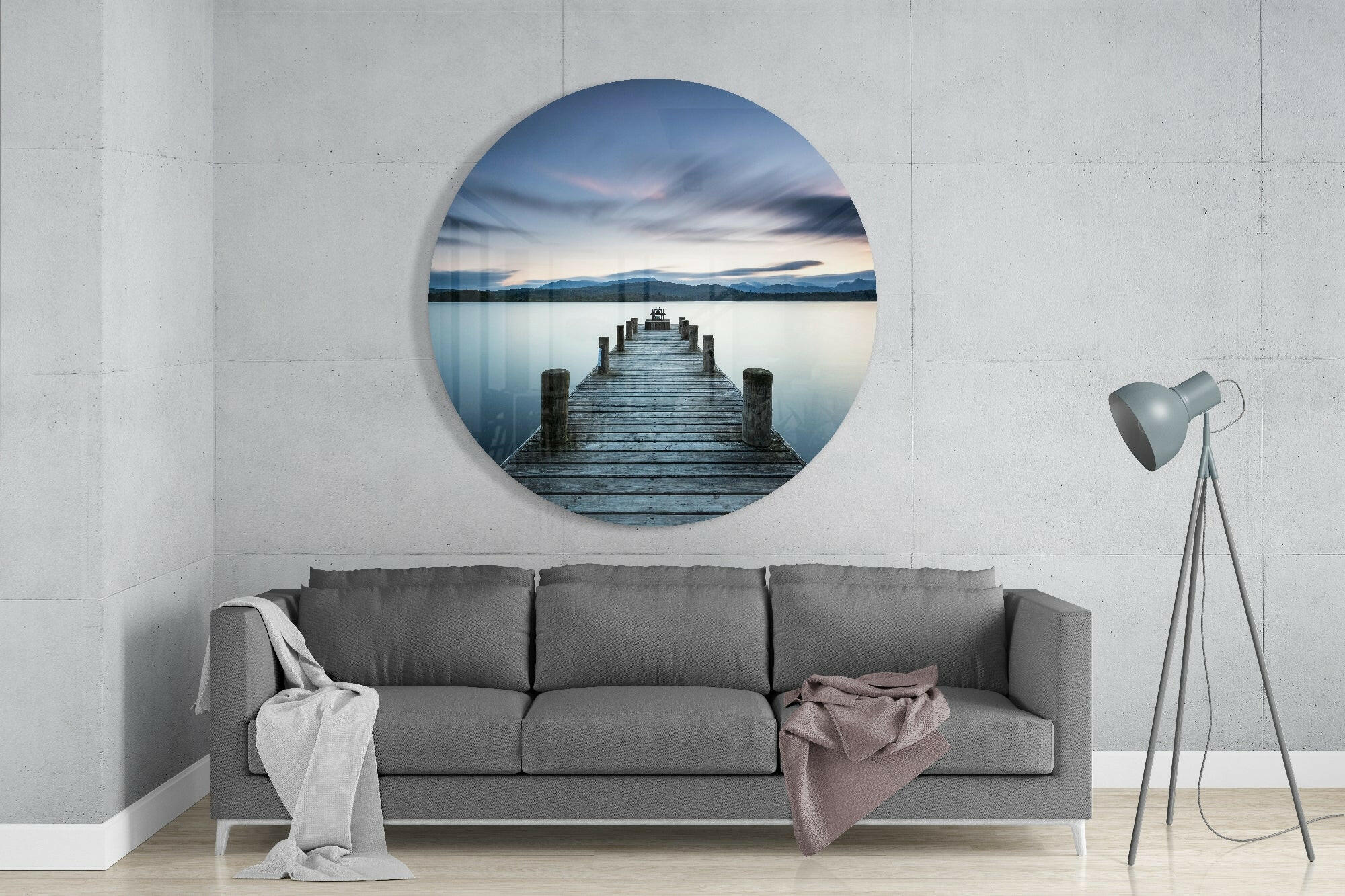 Misty Mountain Lake Pier Dusk Glass Wall Art