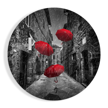 Floating Red Umbrellas Stone Street Glass Wall Art