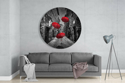Floating Red Umbrellas Stone Street Glass Wall Art