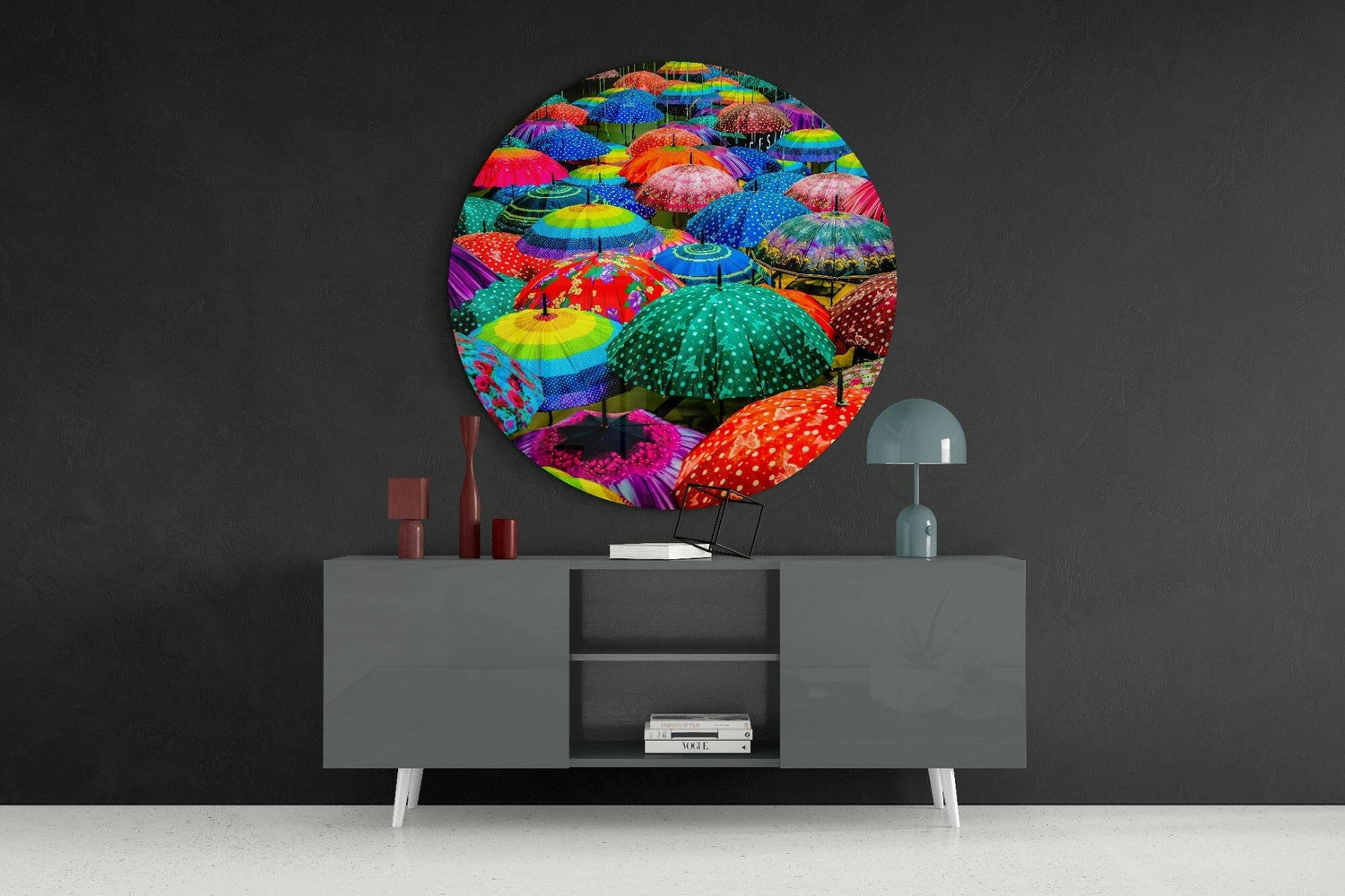 Round Polka Dot Rainbow Umbrellas Glass Wall Art