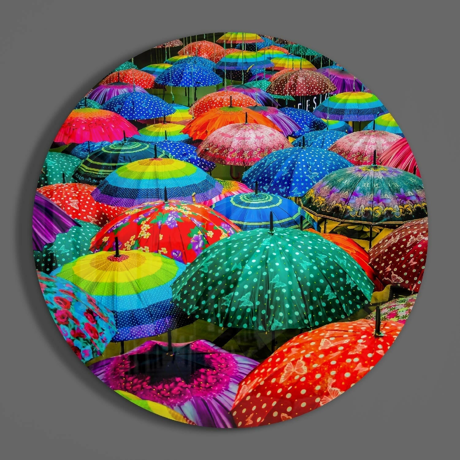 Round Polka Dot Rainbow Umbrellas Glass Wall Art