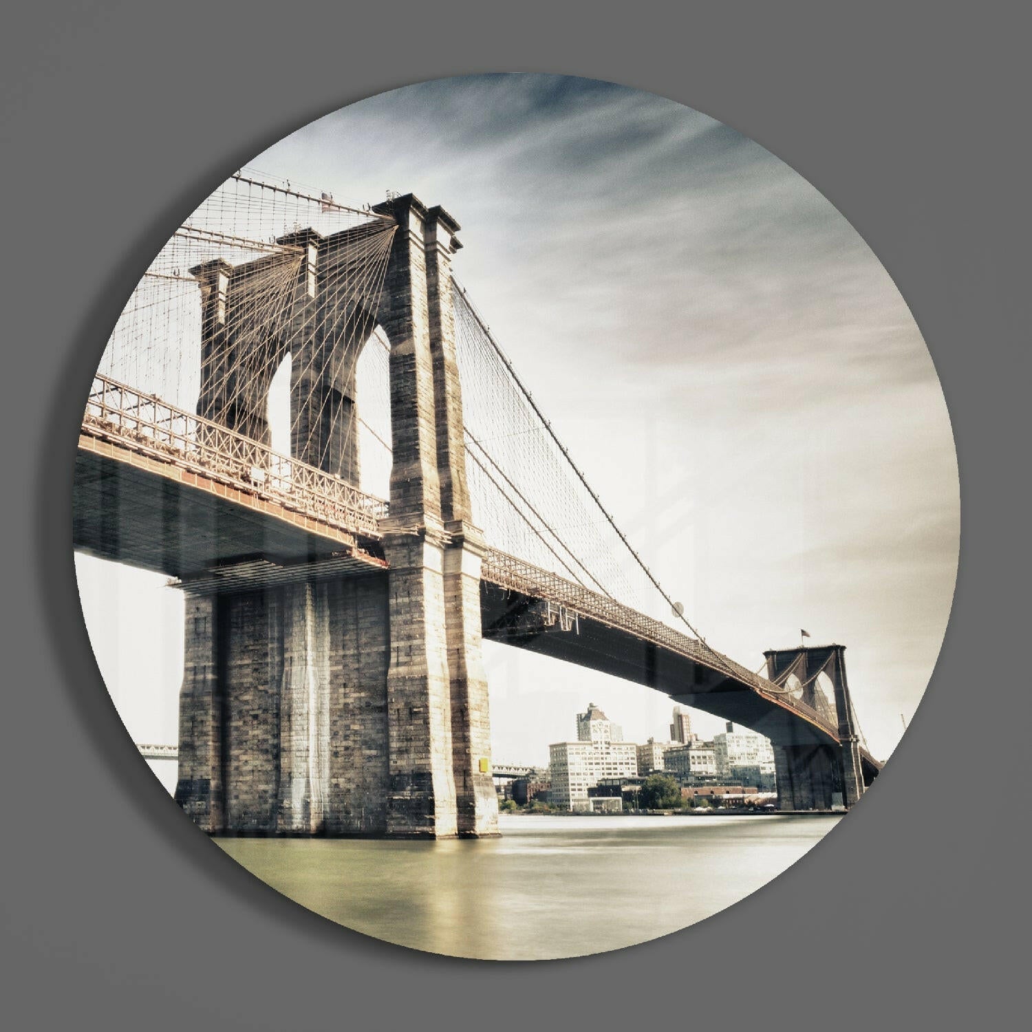 Sepia Brooklyn Bridge Circle Glass Wall Art