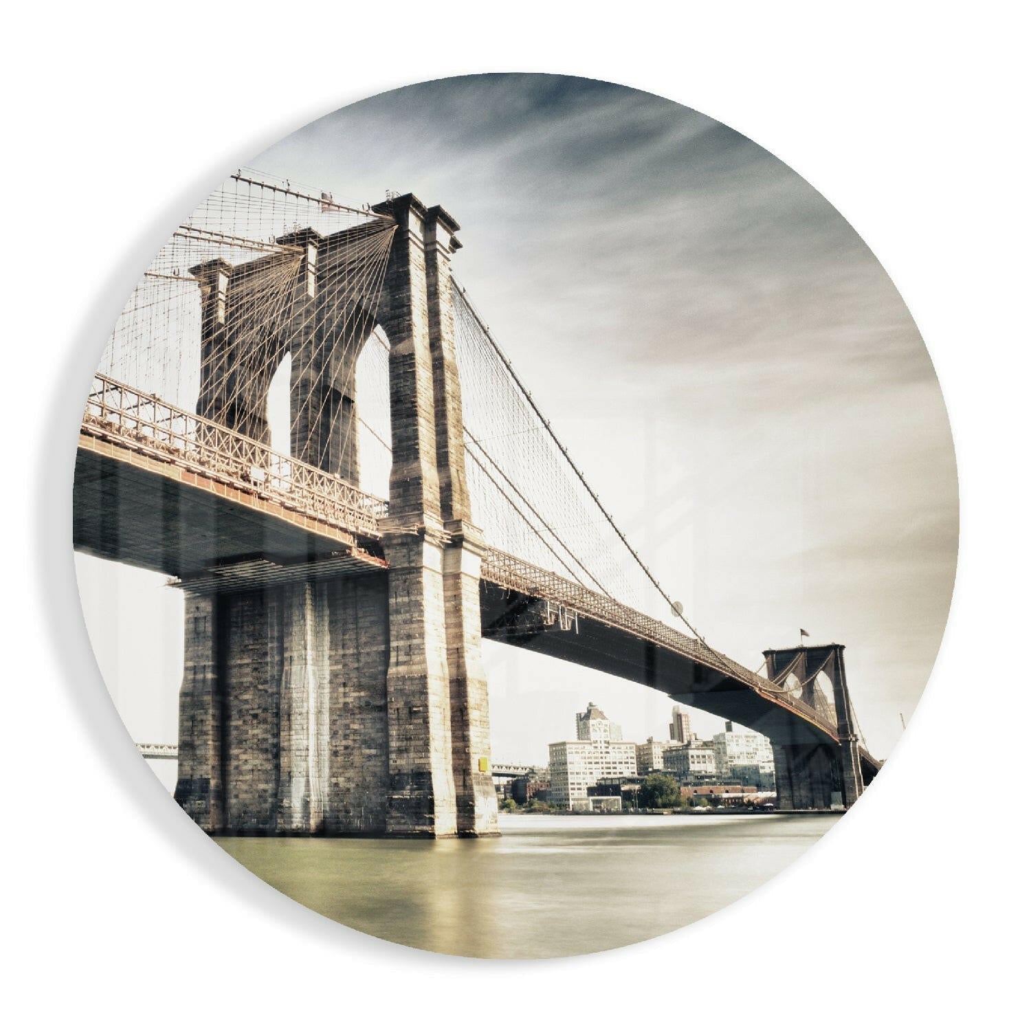 Sepia Brooklyn Bridge Circle Glass Wall Art