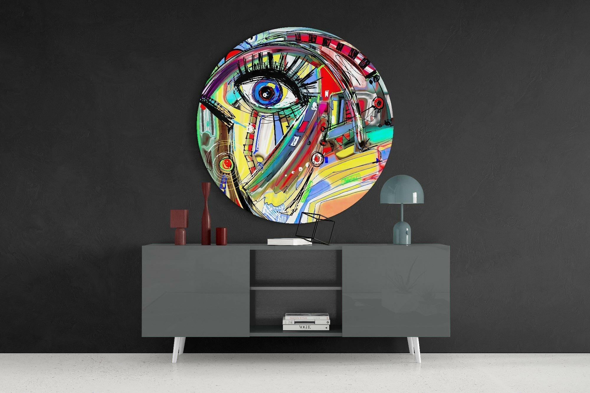 Round Abstract Scribble Eye Face Glass Wall Art