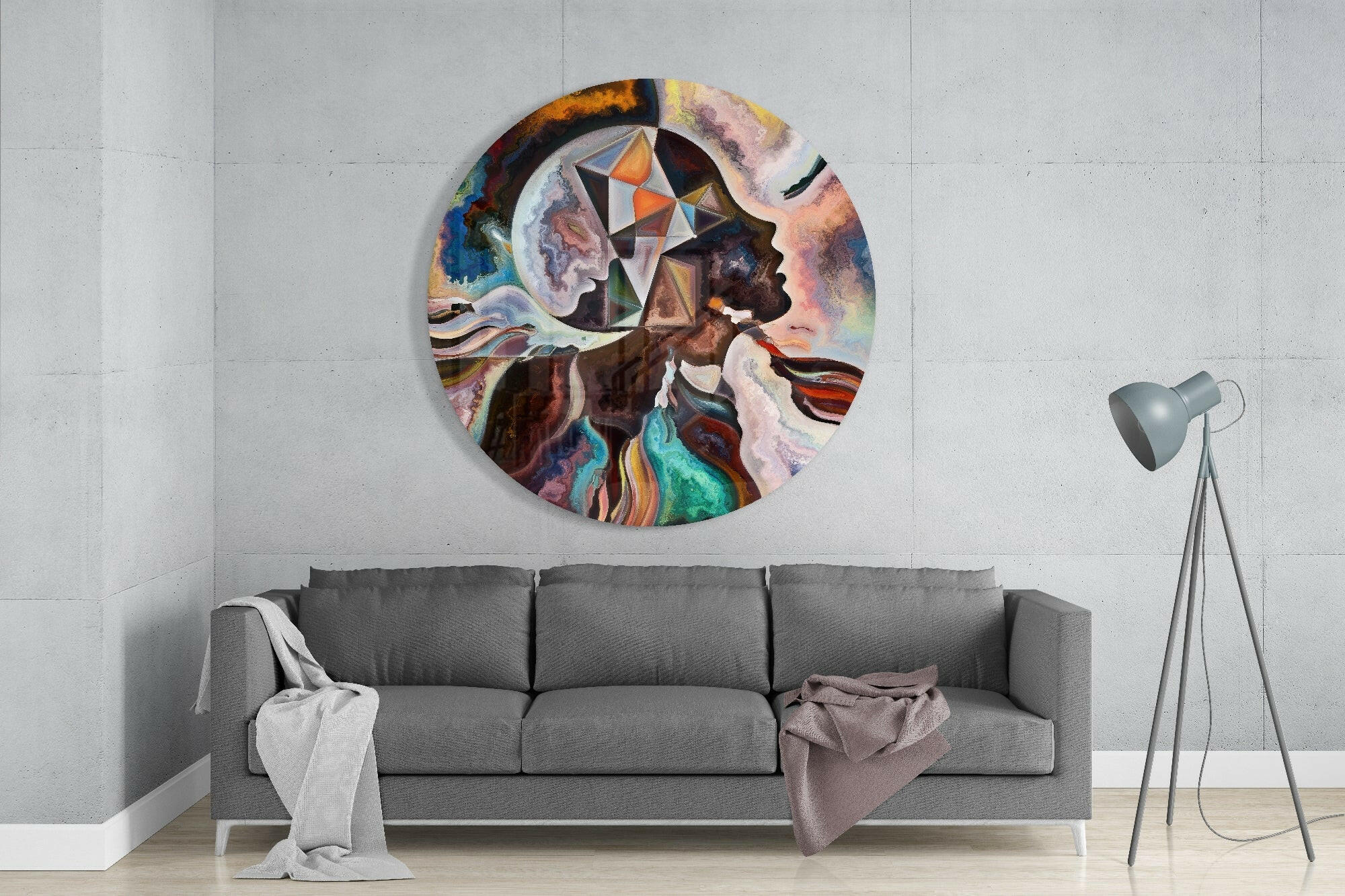 Round Marbled Faces Triangle Fusion Glass Wall Art