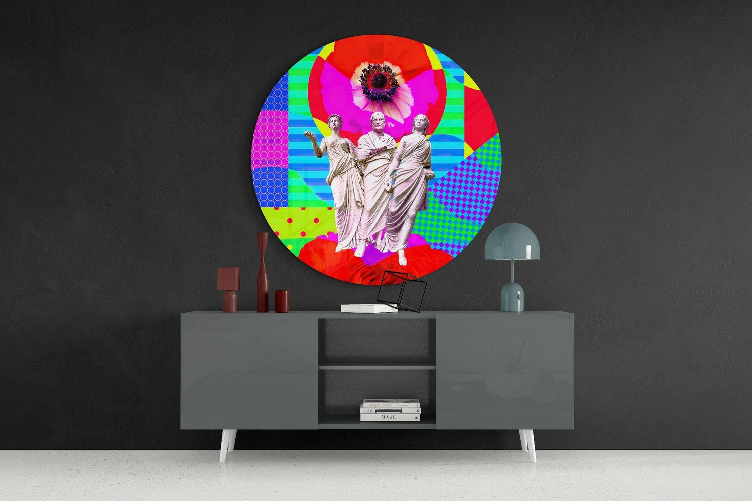 Pop Art Poppy Three Toga Figures Glass Wall Art