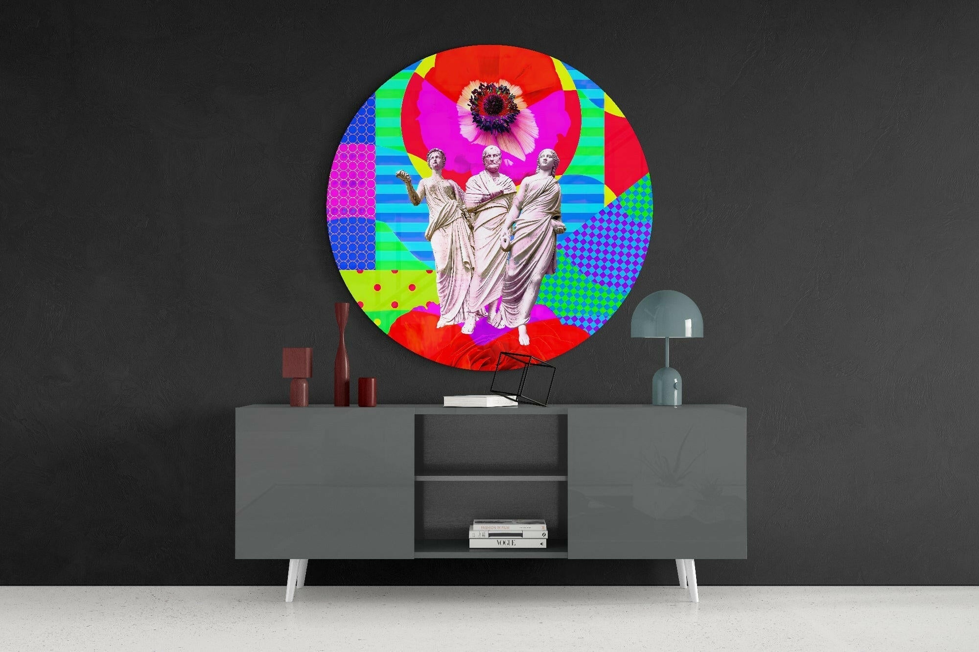 Pop Art Poppy Three Toga Figures Glass Wall Art
