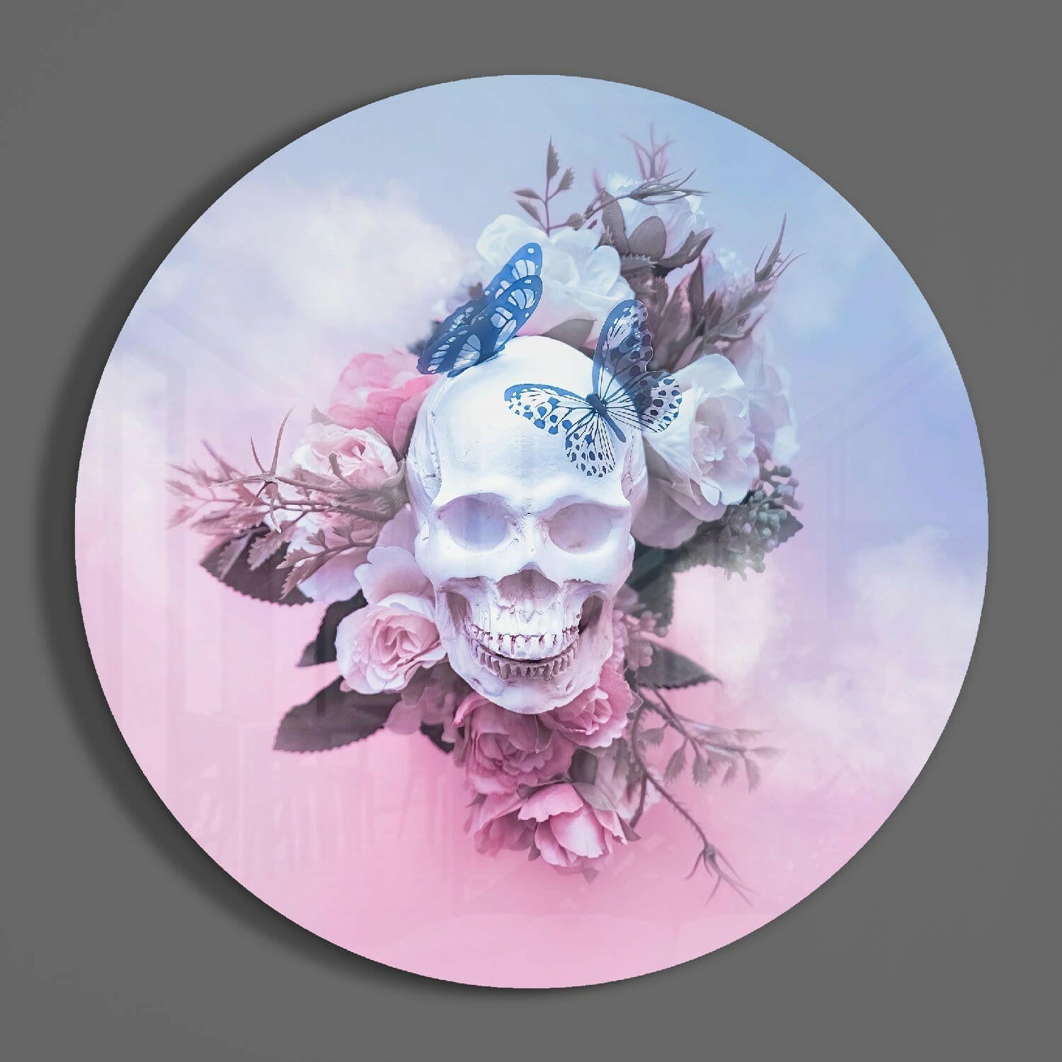 Pastel Butterfly Floral Skull Glass Wall Art
