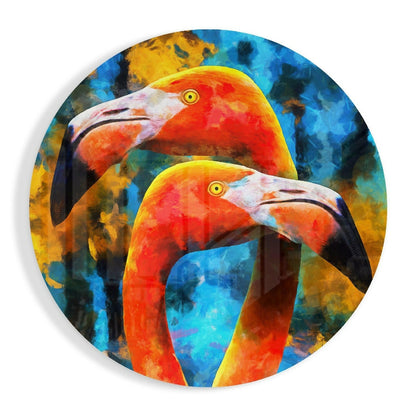 Twin Orange Flamingos Blue Glass Wall Art