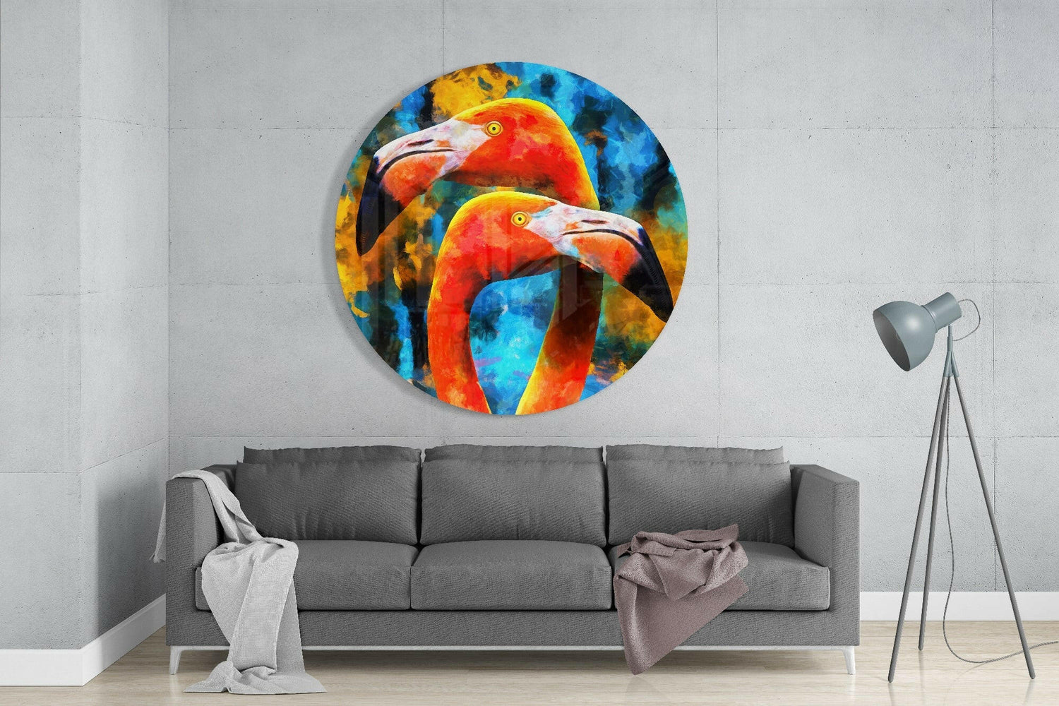Twin Orange Flamingos Blue Glass Wall Art