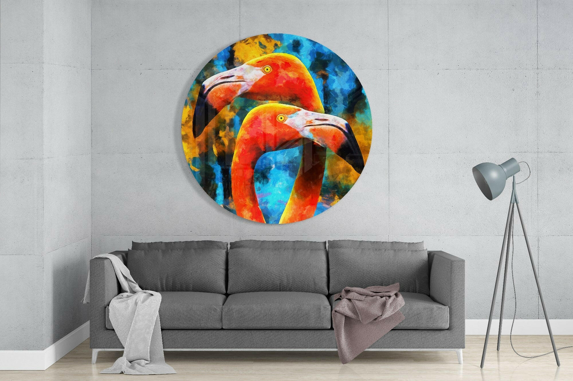 Twin Orange Flamingos Blue Glass Wall Art