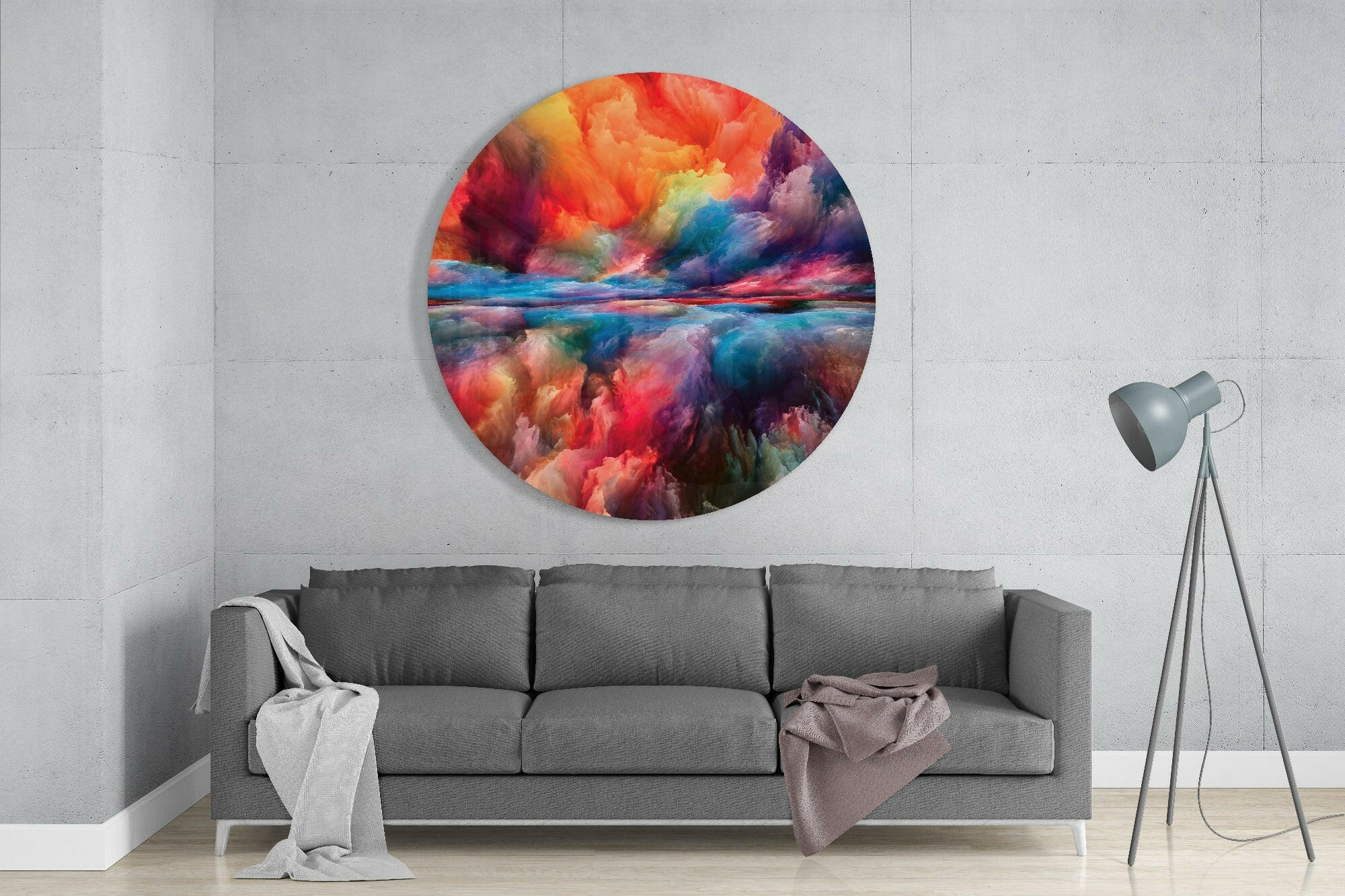 Fiery Orange Blue Cloud Round Glass Wall Art