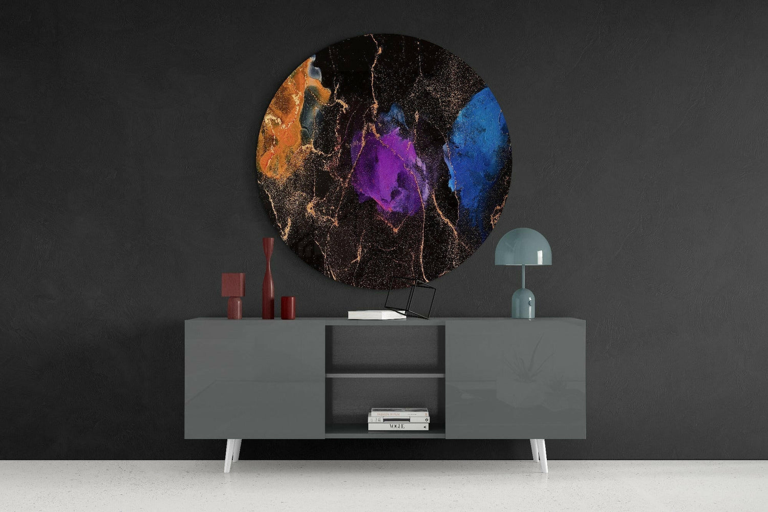 Purple Blue Gold Ink Round Glass Wall Art