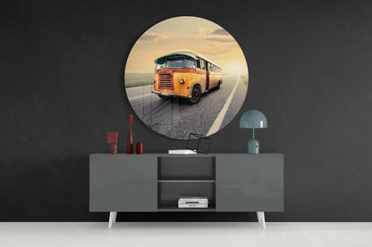 Round Classic Bus Country Road Glass Wall Art