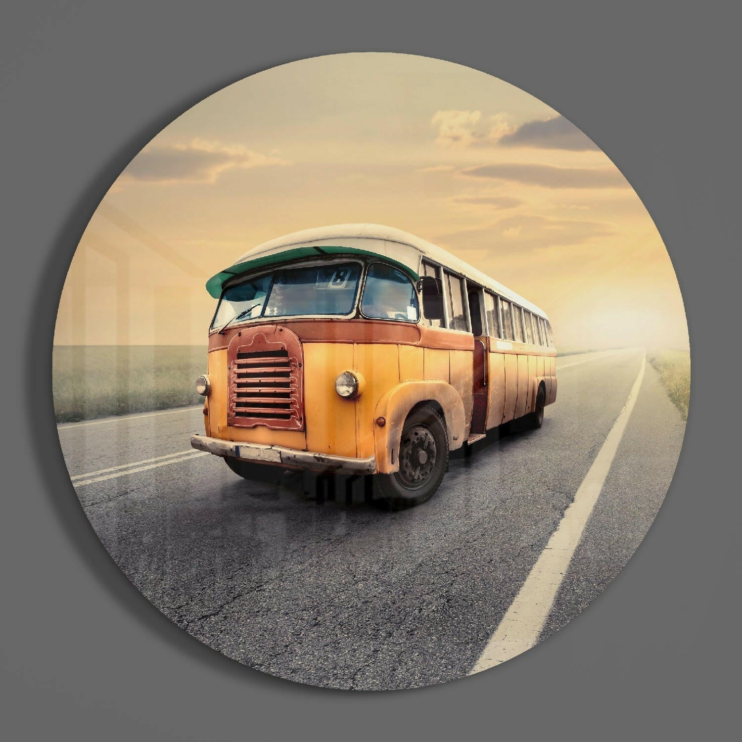 Round Classic Bus Country Road Glass Wall Art
