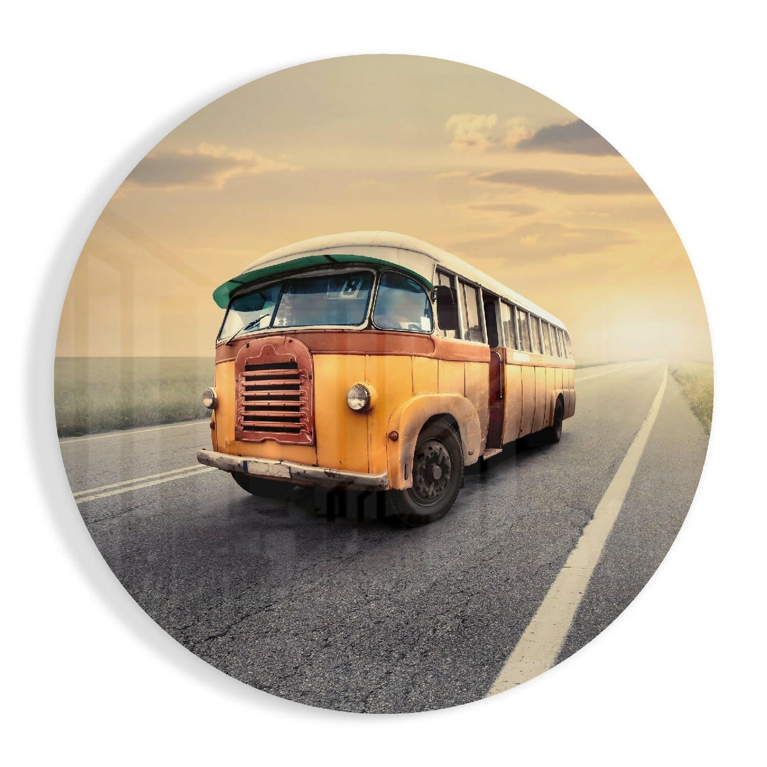 Round Classic Bus Country Road Glass Wall Art