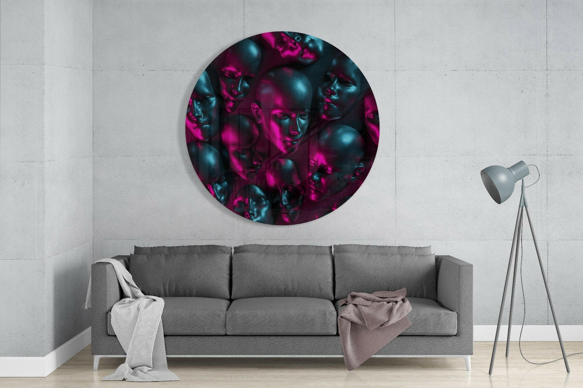 Neon Pink Teal Mannequin Heads Round Glass Wall Art