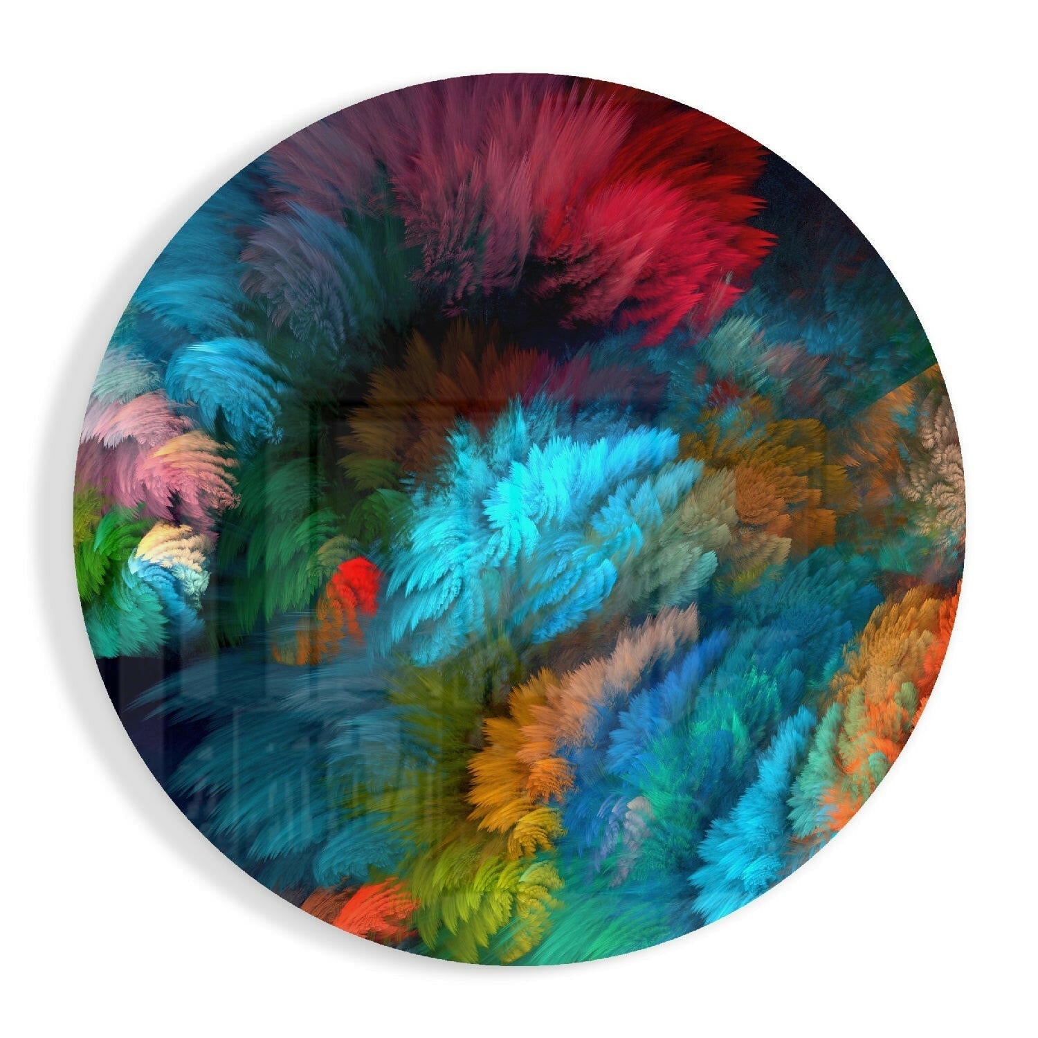 Dark Rainbow Feather Round Glass Wall Art