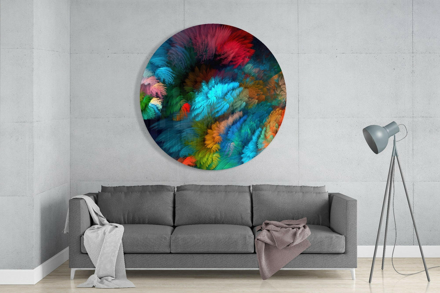 Dark Rainbow Feather Round Glass Wall Art
