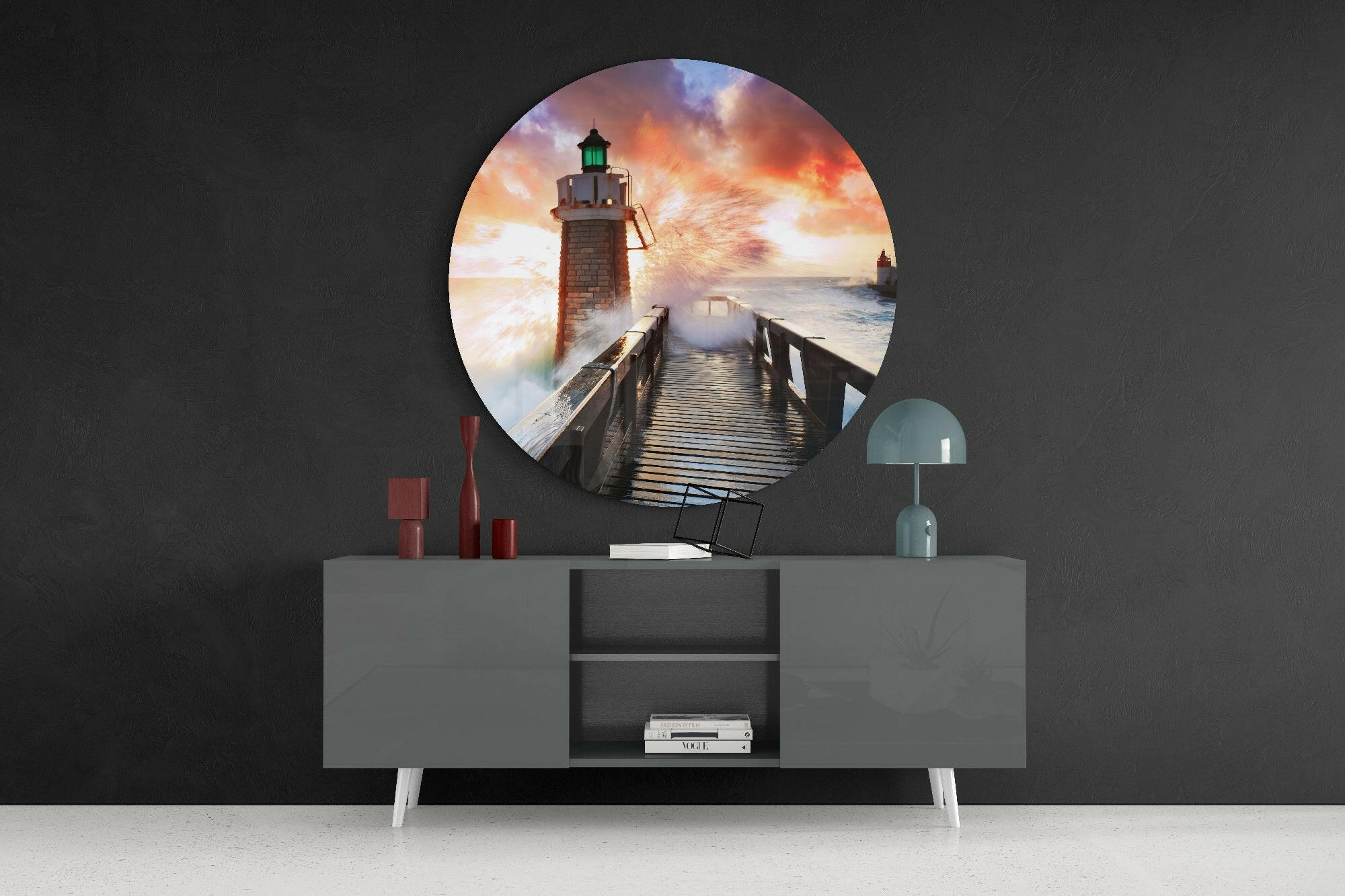 Round Splashing Sea Lighthouse Glass Wall Art