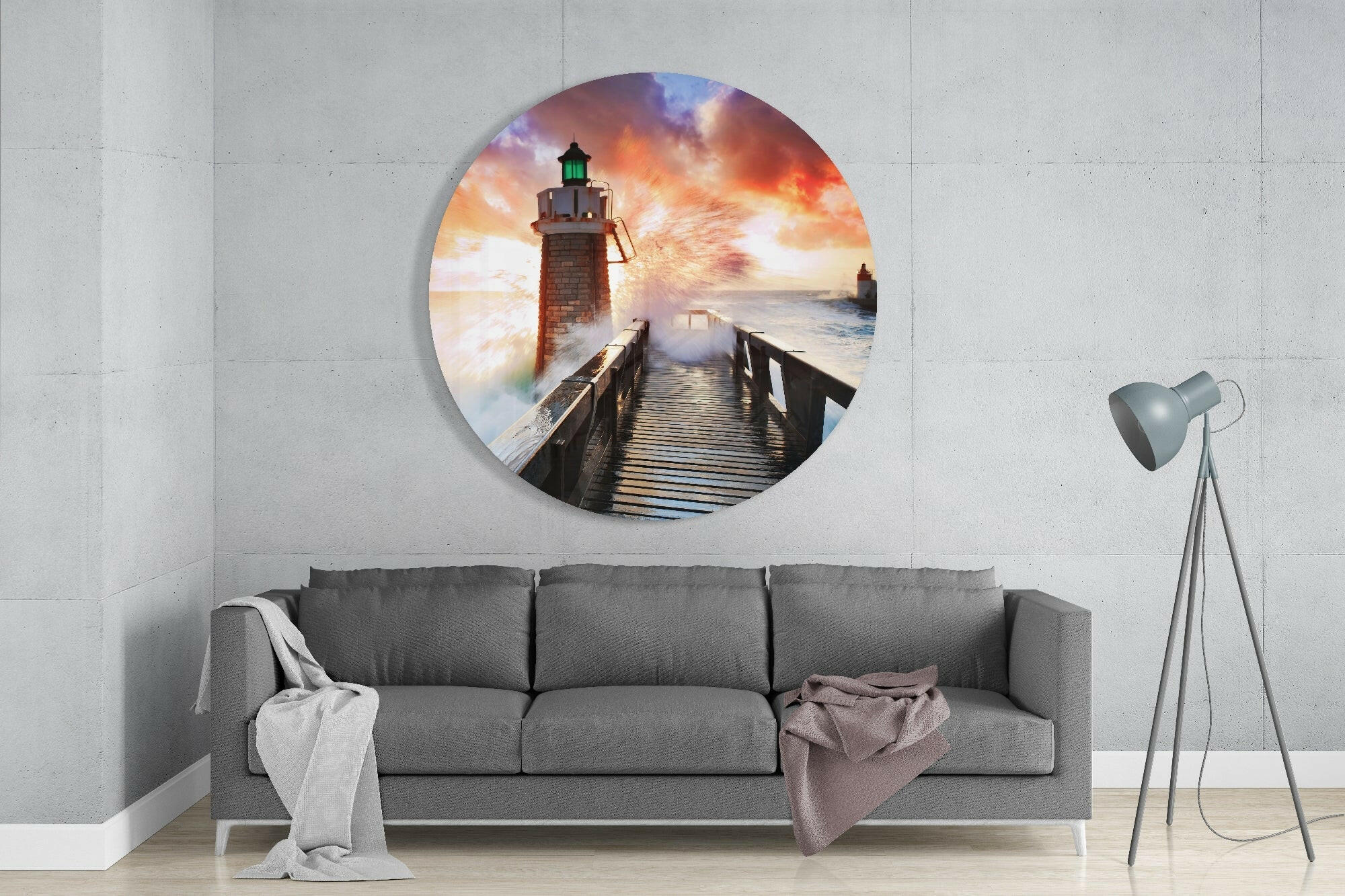 Round Splashing Sea Lighthouse Glass Wall Art