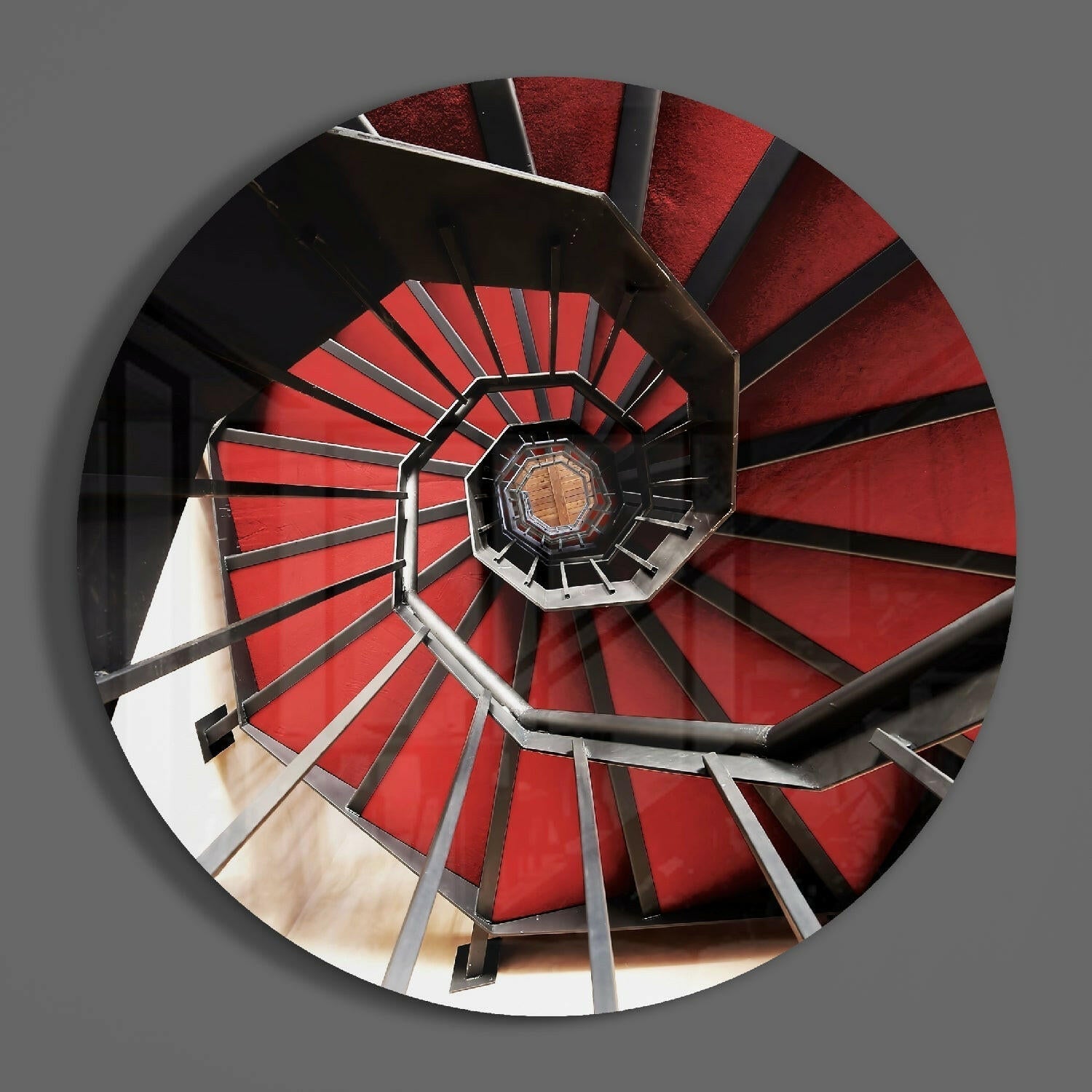 Round Crimson Octagon Stairwell Glass Wall Art