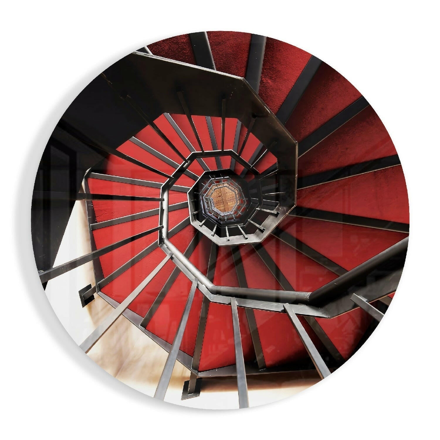 Round Crimson Octagon Stairwell Glass Wall Art