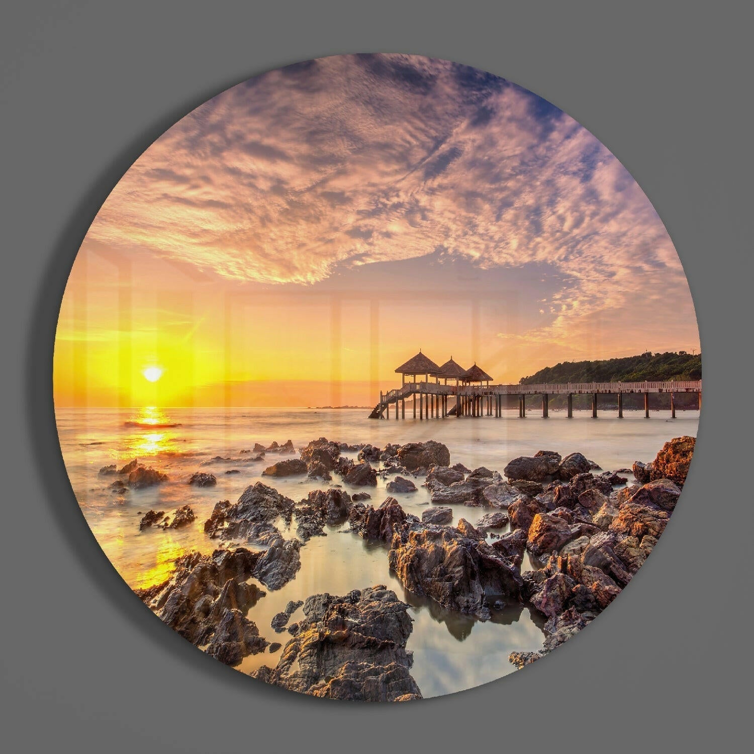 Round Golden Pier Sunrise Over Rocks Glass Wall Art