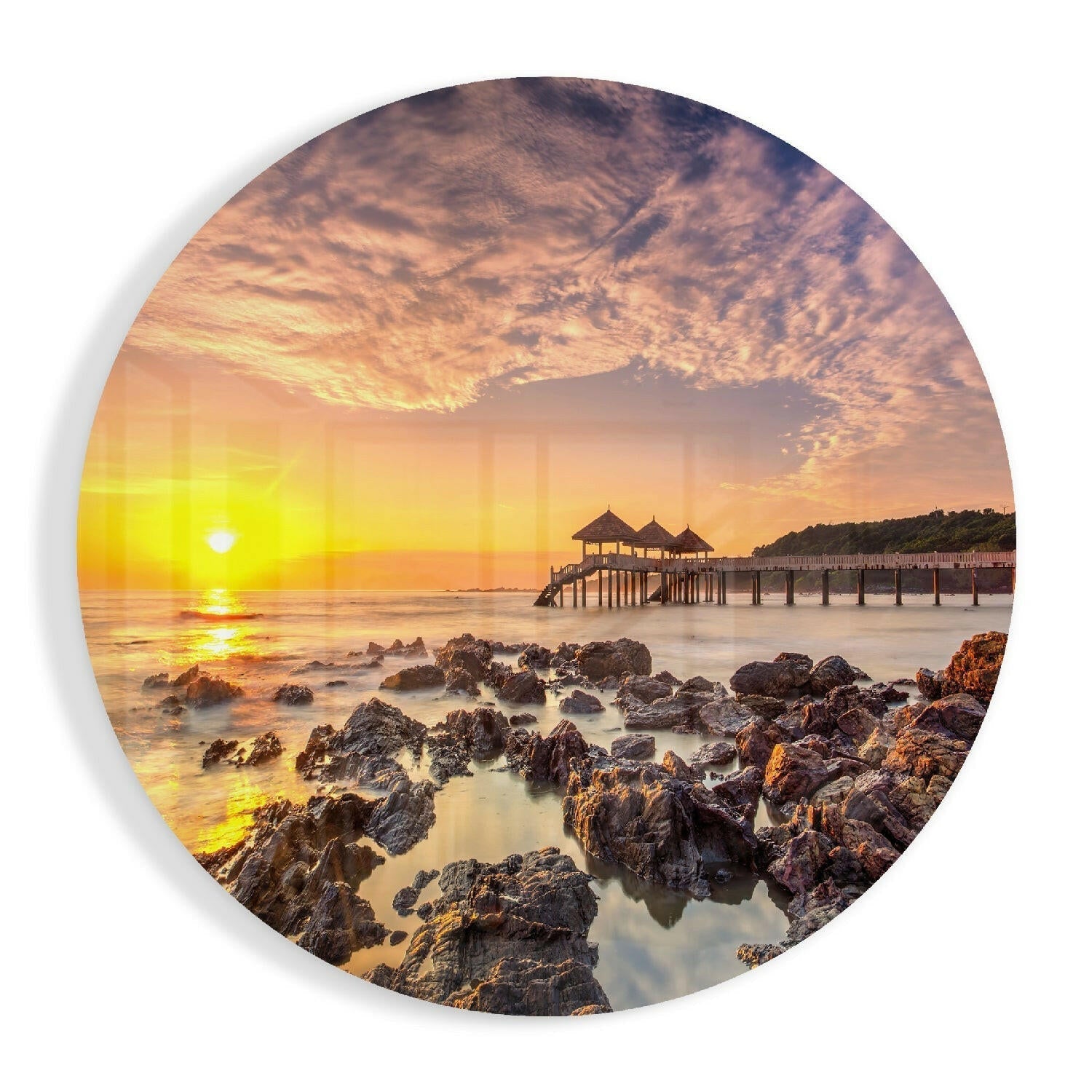 Round Golden Pier Sunrise Over Rocks Glass Wall Art