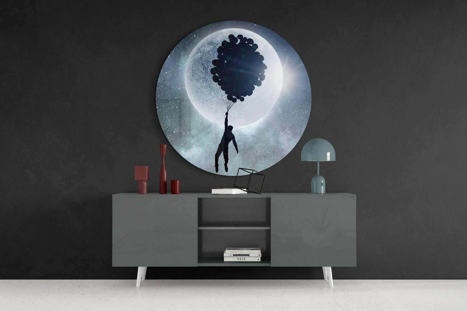 Round Moon Balloon Cluster Flight Glass Wall Art