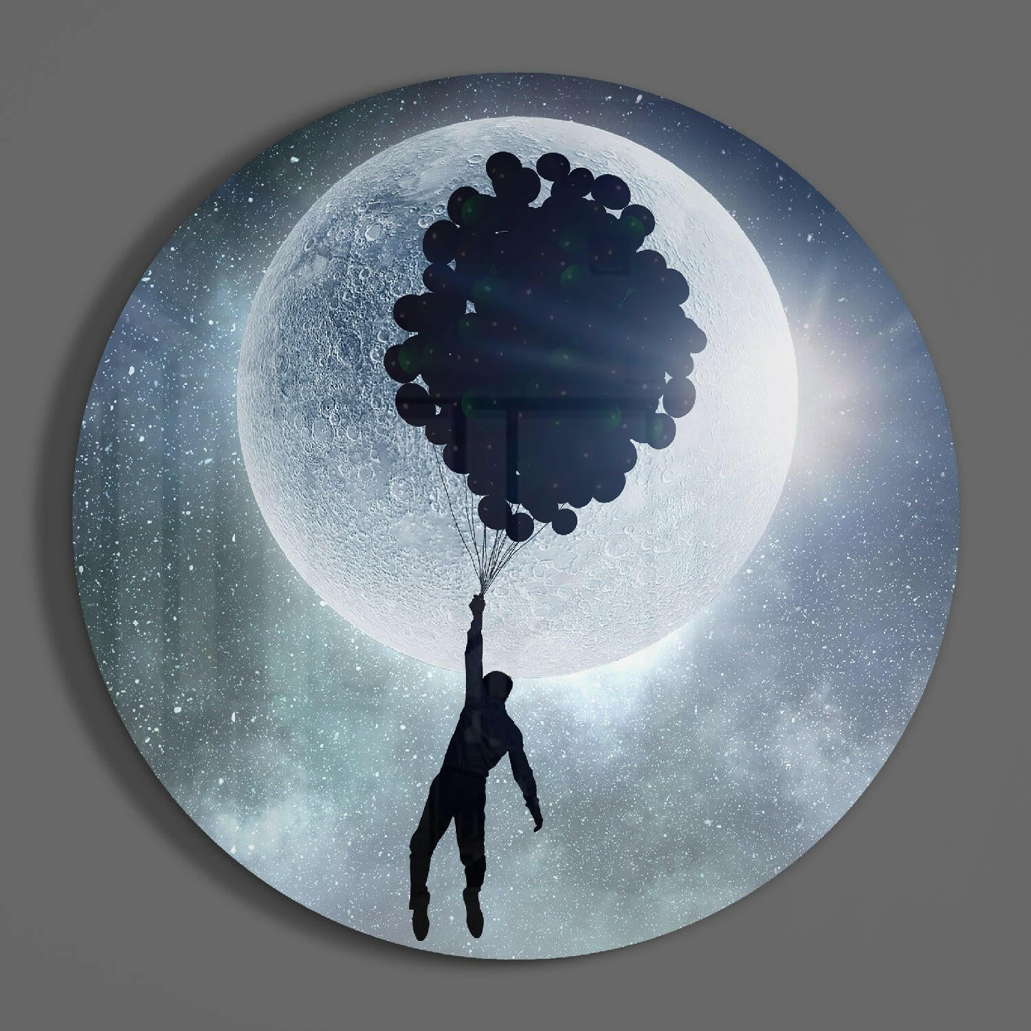 Round Moon Balloon Cluster Flight Glass Wall Art