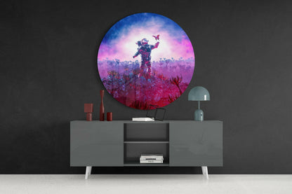 Round Magenta Bloom Field Astronaut Glass Wall Art
