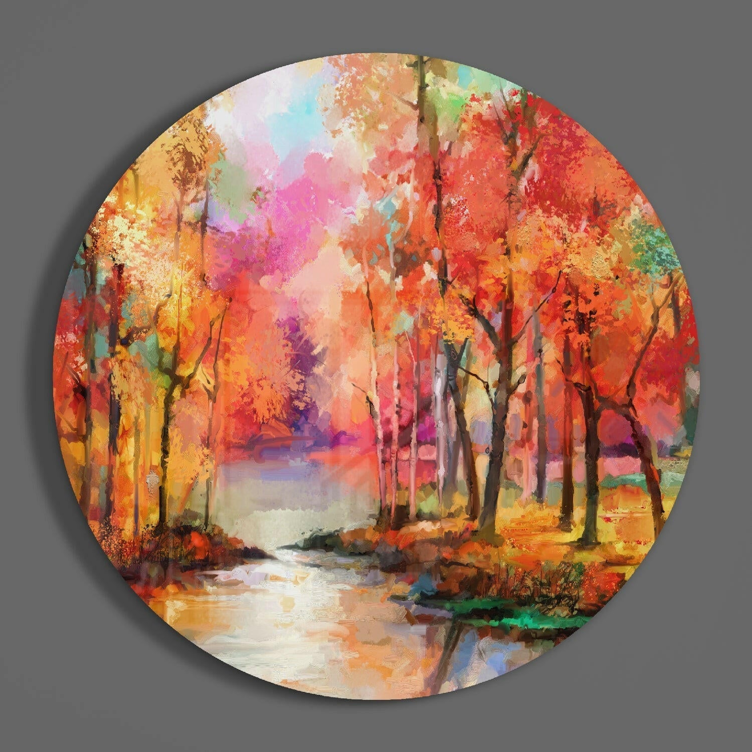 Fiery Fall Trees Riverside Glass Wall Art