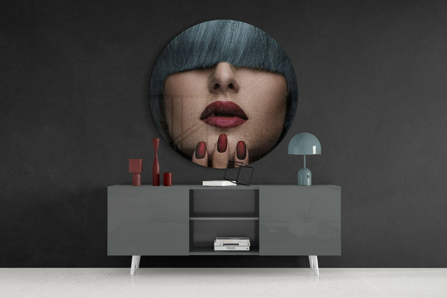 Dark Fringe Crimson Nails Portrait Glass Wall Art