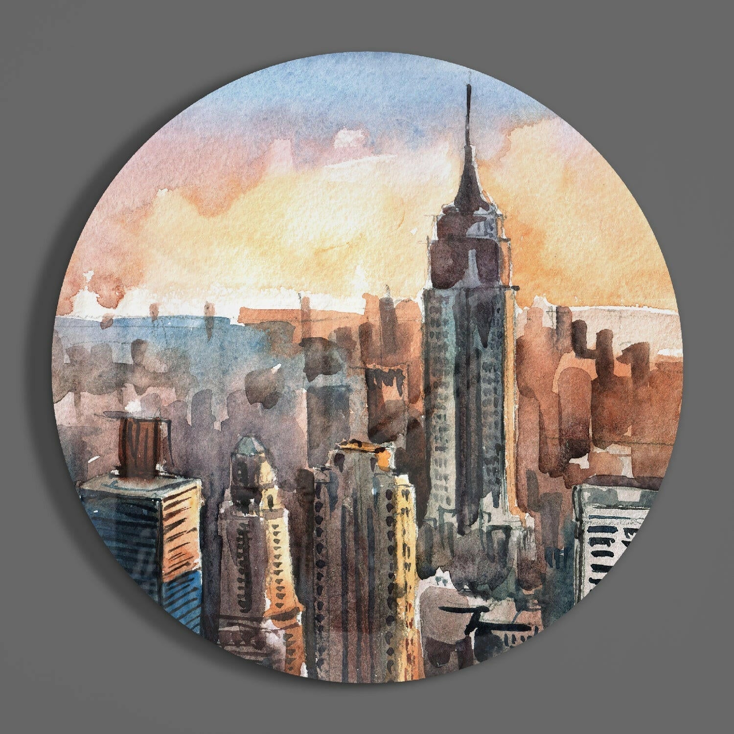 Round Watercolor Sunset Skyline New York Glass Wall Art