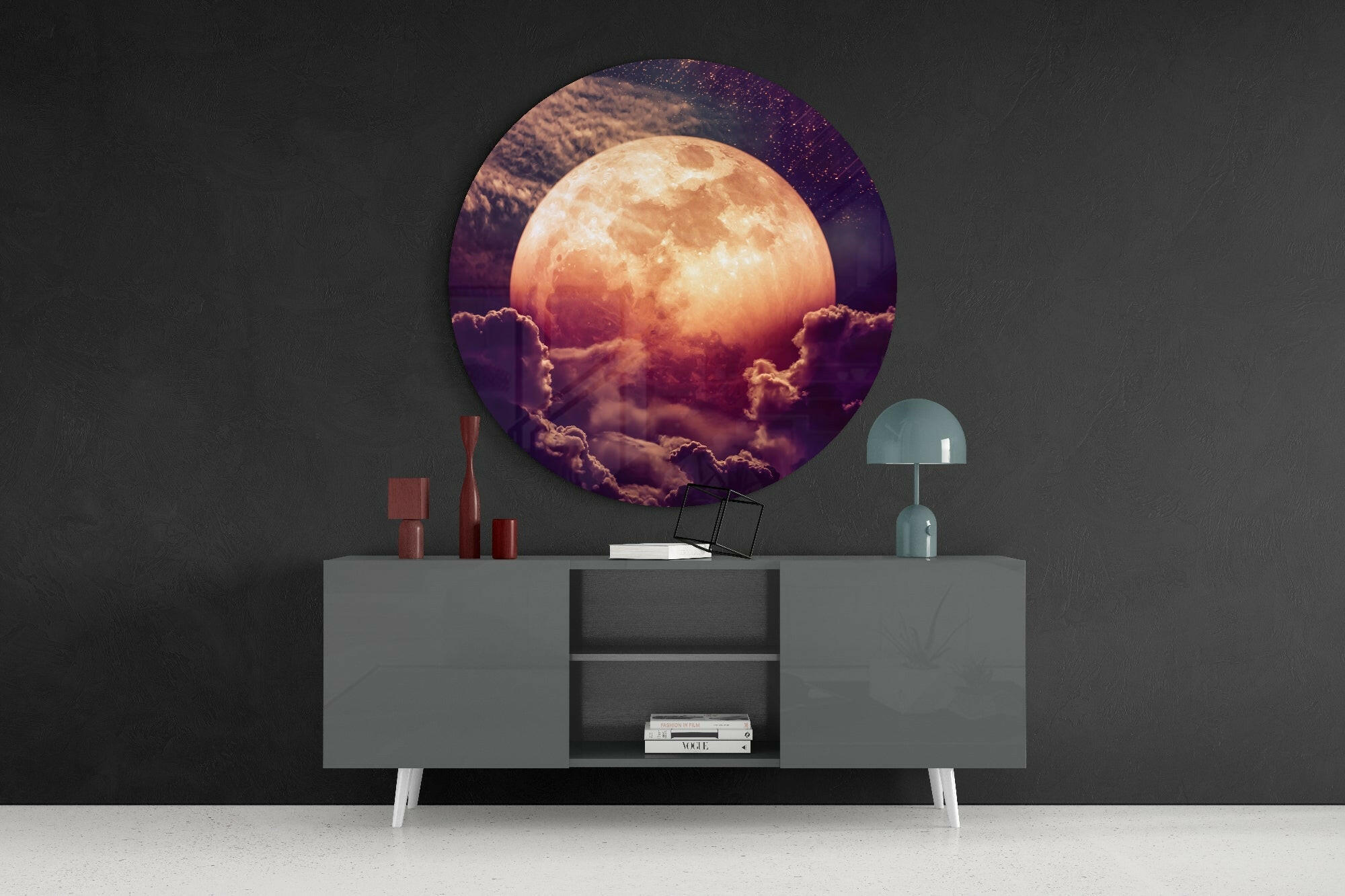 Round Glowing Moon In Purple Sky Glass Wall Art