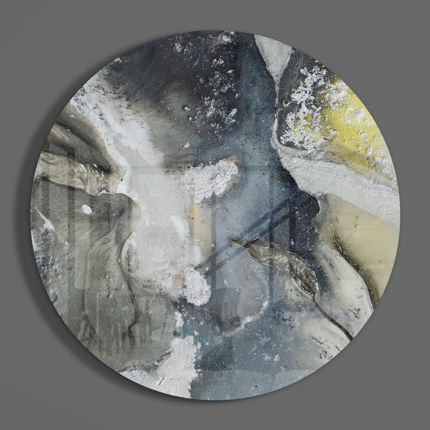 Round Slate Gray And Yellow Marble Glass Wall Art
