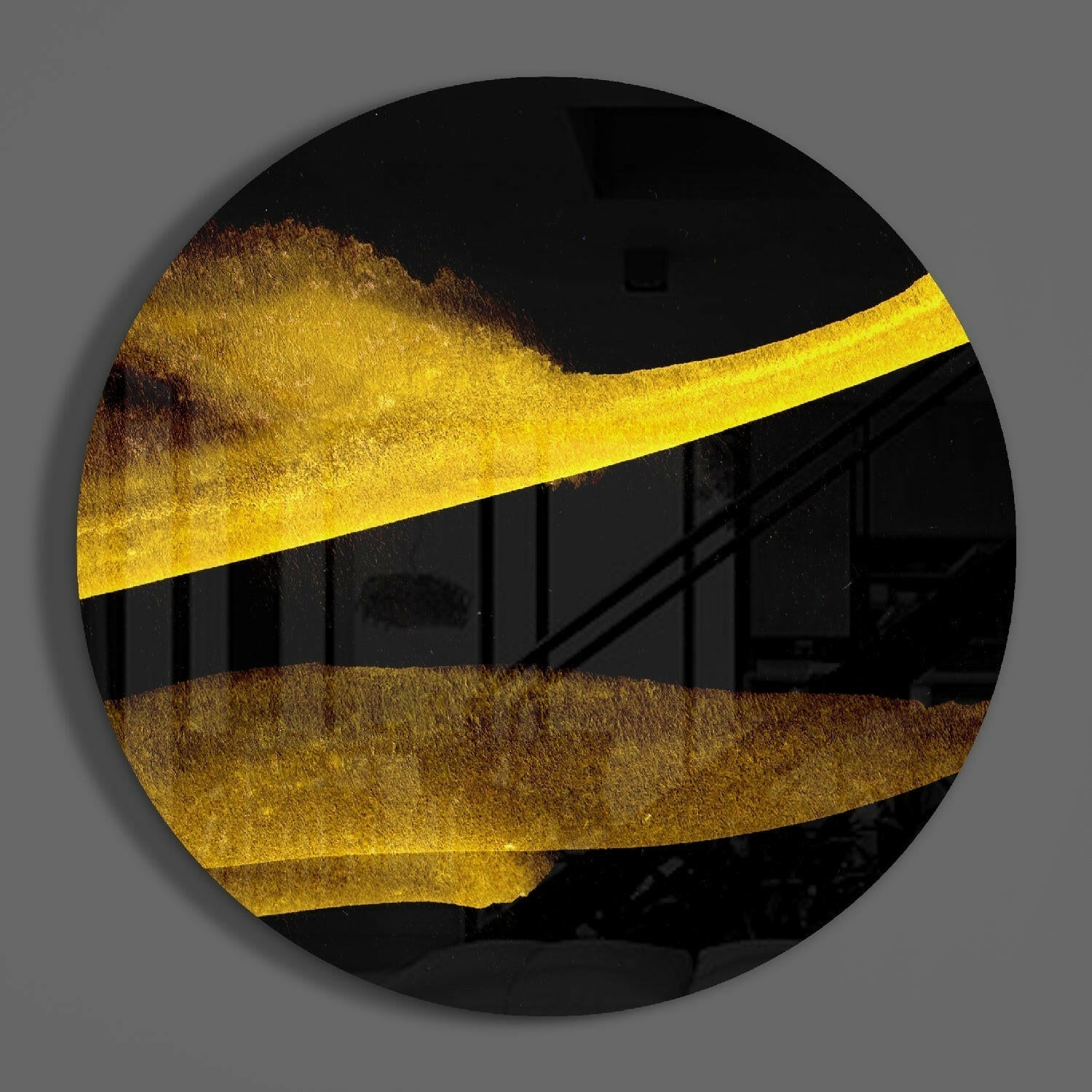 Gold Diagonal Bands On Black Glass Wall Art
