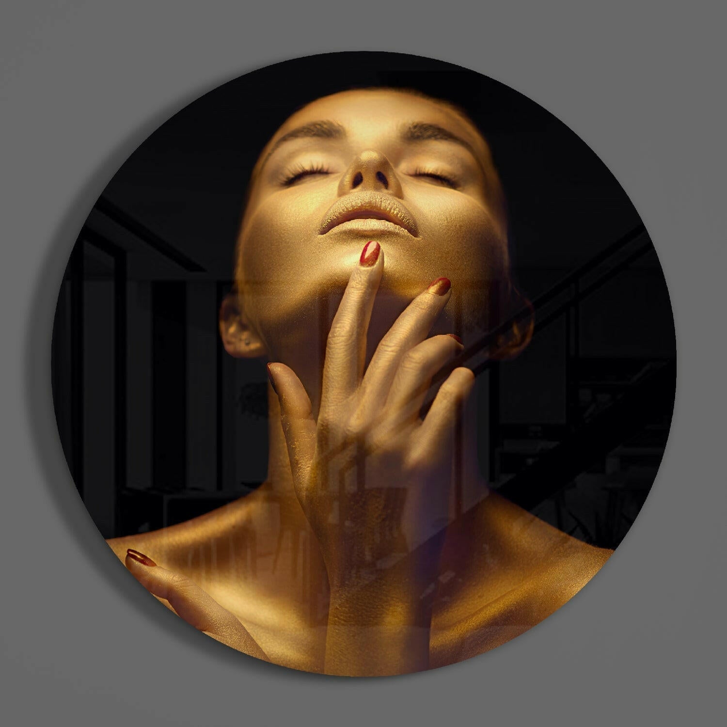 Round Golden Serenity Woman Glass Wall Art
