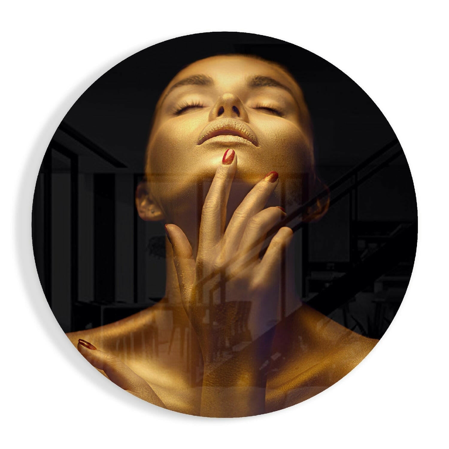 Round Golden Serenity Woman Glass Wall Art