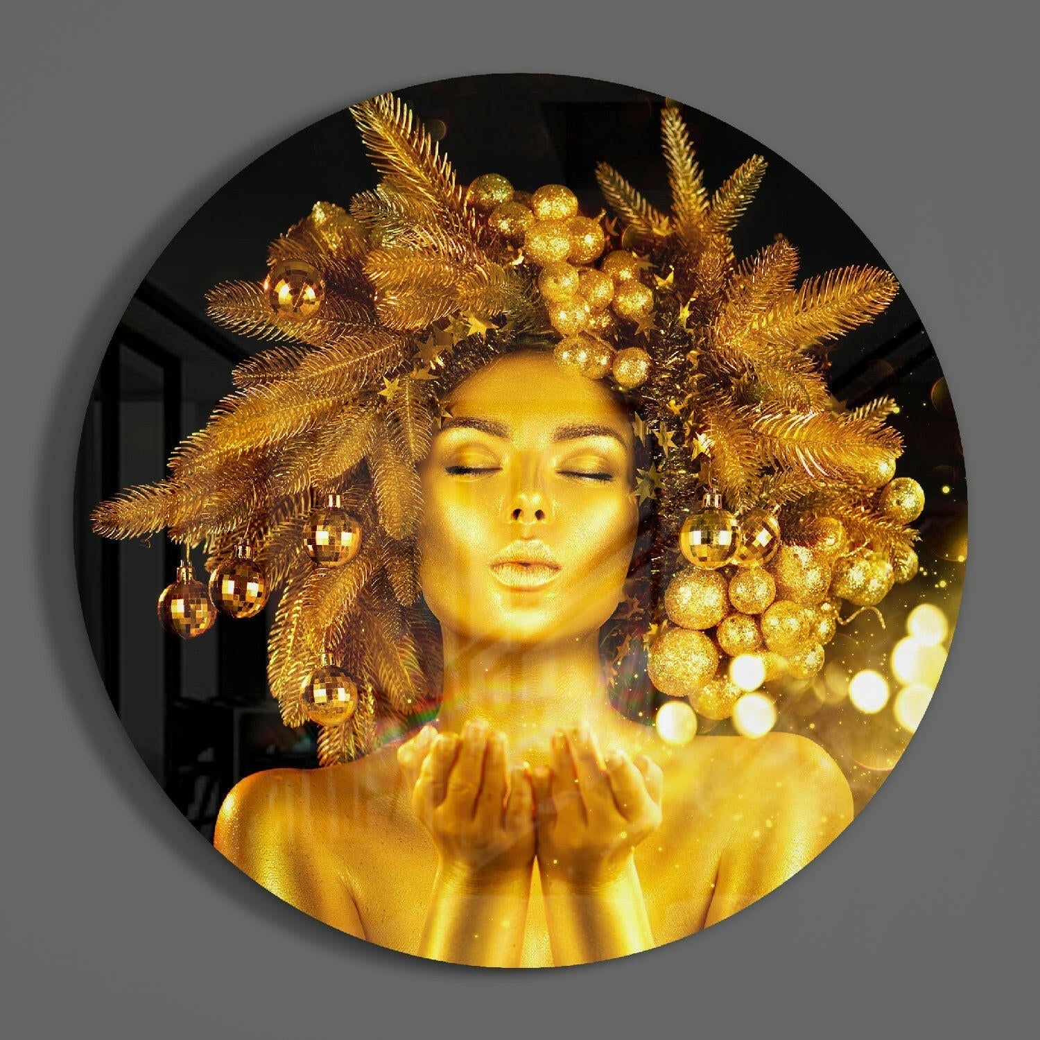 Round Gold Crown Woman Glass Wall Art