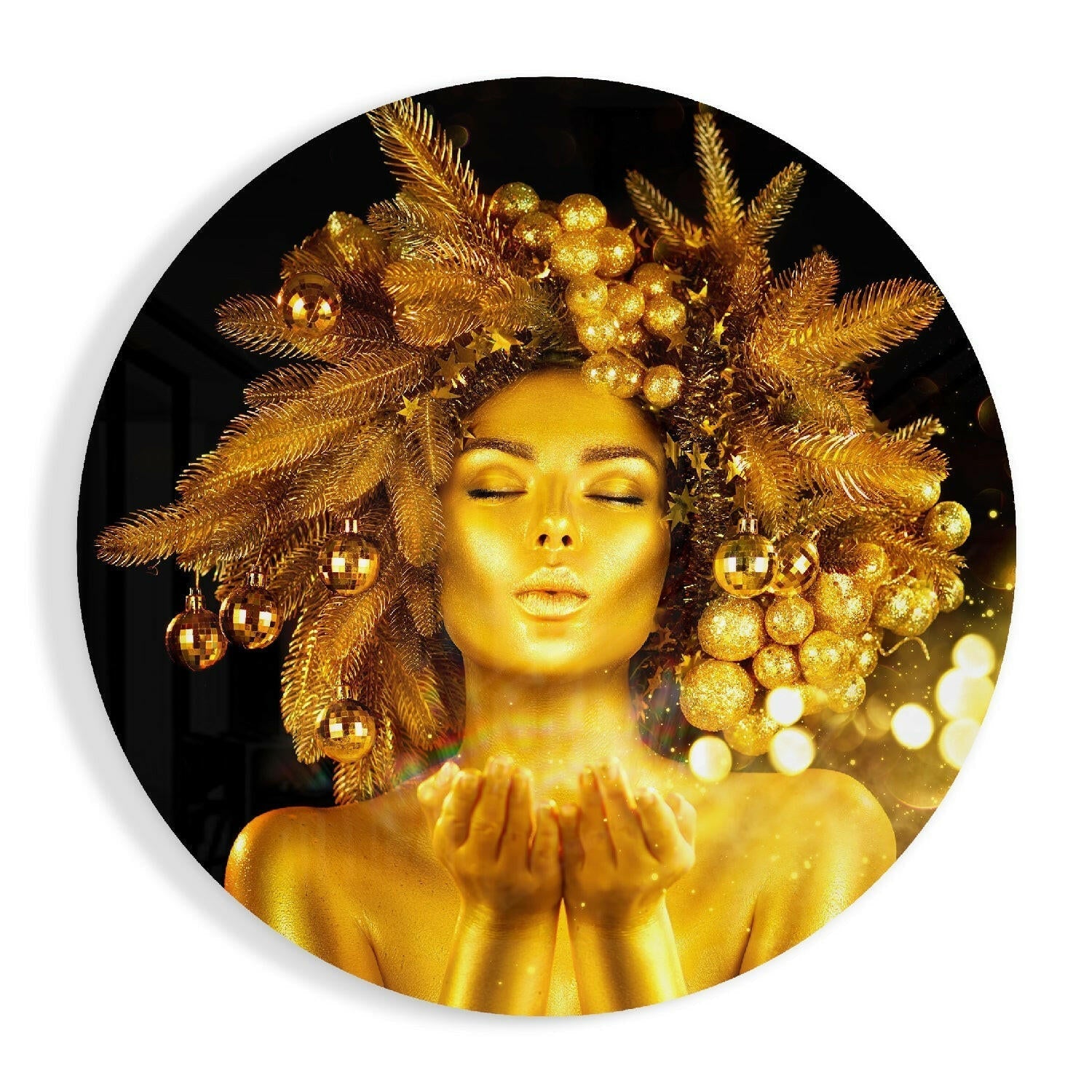 Round Gold Crown Woman Glass Wall Art
