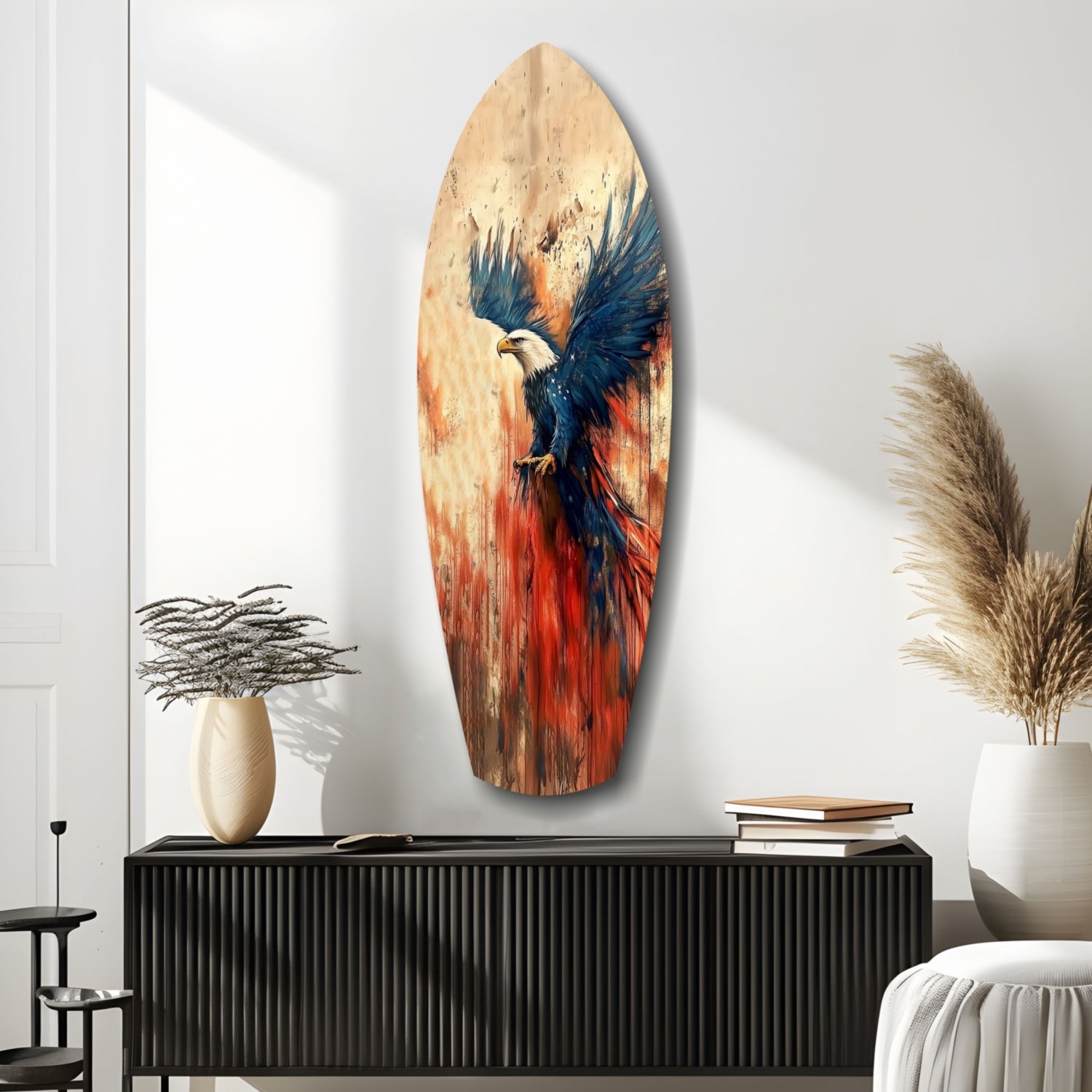 Surfboard Blue Wings Spread American Eagle Glass Wall Art