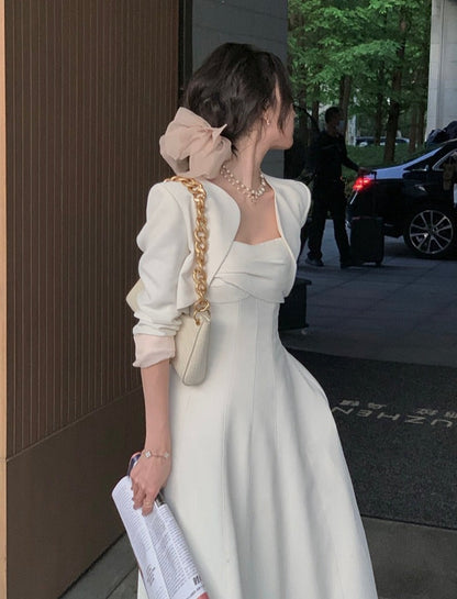 2 Pieces Dress Set O-neck Full Sleeve Short Jacket &amp; Spaghetti Strap Dresses