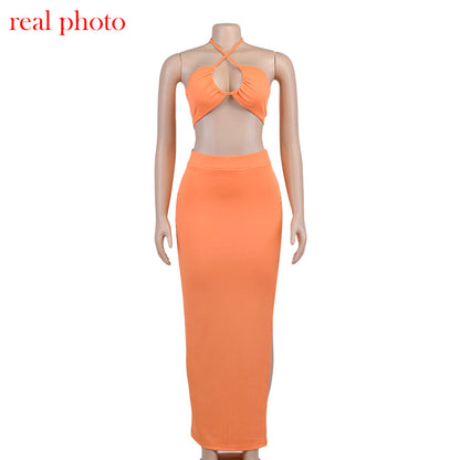 Cryptographic Bandage Cut Out Sexy Halter Neck Top and Skirts Set Gathered Elegant