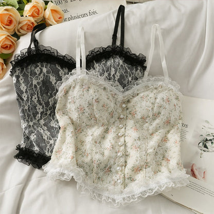 French Print Lace Cami Crop Tank Top Camisole Women&