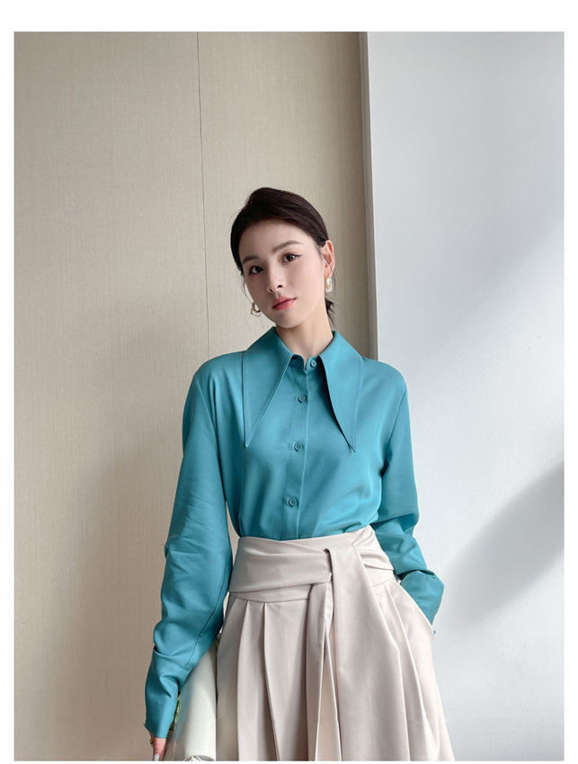 Big Pointed Collar White Blouses For Women Vintage Loose Long Sleeve Shirt