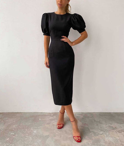 Summer Puff Short Sleeve Dress O-neck Office Lady Solid Color A-line Dress
